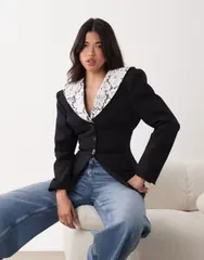 エイソス レディース アウター ジャケット・ブルゾン ブレザー レース ASOS DESIGN cinched blazer with lace collar black ブラック