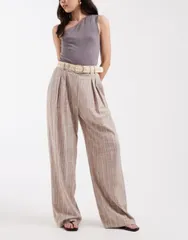エイソス レディース ボトムス カジュアルパンツ ワイドレッグ プリーツ ASOS DESIGN tailored belted wide leg pants with pleatedetailing in mink stripes Mink Stripe ミ