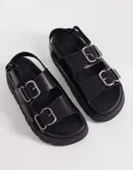 エイソス レディース シューズ サンダル ASOS DESIGN Filter chunky footbed sandals with double buckle BLACK GROUCHO ブラックのサムネイル