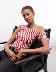 モンキ レディース トップス Tシャツ ギャザー Monki off the shoulderuched top and white stripes Red White ホワイトのサムネイル