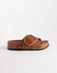 エイソス レディース シューズ サンダル レザー ASOS DESIGN Foster leather clog mule sandals in tan pu タンのサムネイル