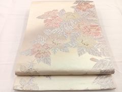 袋帯 六通 夏物 紗 生成 水色 枝花 銀糸 正絹 - メルカリ