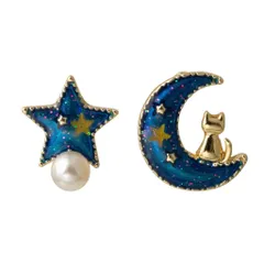 猫 ピアス 月 星 アシンメトリー パール 小ぶり 両耳 2個セット レディース かわいい 