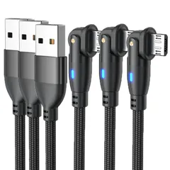【新品】 Micro USB ケーブル L字型 180°回転可【0.5M / 0.5M / 0.5M ・3本組】 2.4A急速充電 データ転送 LEDライト付き マイクロusb 充電ケーブル Micro USB Android機器対応 Type-B スマホ 0
