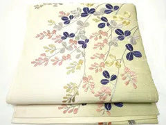 平和屋着物●アンティーク　大正ロマン　八寸名古屋帯　総刺繍　駒刺繍　枝垂れ萩文　金銀糸　正絹　逸品　CABE8656hy