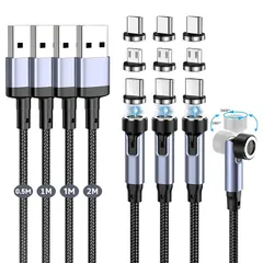 【新品】 マグネット-充電ケーブル 7ピン 3A急速充電+データ通信 For Phone Type-C-充電ケーブル 3in1 充電コード 【9個端子+ 4本セット】 540度回転 0.5M+1M+1M+2M 磁石 Ligting USB-B ケ ーブル  0