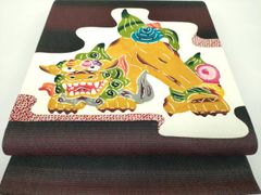平和屋着物●太鼓柄袋帯　絞り　切嵌　紅型　シーサー　ラメ糸　正絹　逸品　DABD1802ps 平和屋着物○太鼓柄袋帯 絞り 切嵌 紅型 シーサー ラメ糸 正絹 逸品