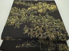 平和屋着物●全通柄袋帯　洛中洛外図　黒地　金糸　正絹　逸品　DABD1803ps 平和屋着物○全通柄袋帯 洛中洛外図 黒地 金糸 正絹 逸品 DABD1803ps