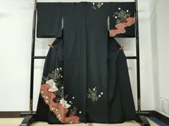 平和屋着物●訪問着　絞り　刺繍　鴛鴦松皮菱草花文　黒地　金彩　正絹　逸品　CABE2504yc