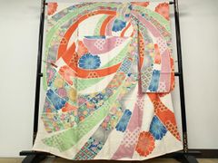 平和屋着物●豪華振袖　駒刺繍　熨斗花鳥文　金彩　正絹　逸品　AABG4386fy 平和屋着物○豪華振袖 駒刺繍 熨斗草花文 黒地 金彩 正絹 逸品