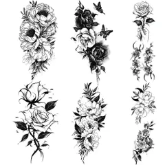【在庫処分】Yesallwas タトゥーシール 花 黒 薔薇 バラ 8枚セット 入れ墨シール リアル 防水 長持ち 刺青シール ボディー メンズ レディース black rose flower temporary tattoos 11.5x21CM