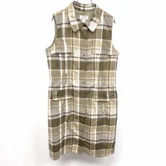 古着 TALBOTS ノースリーブシャツワンピース チェック ドットボタン 裏地付き 綿100% 14 ベージュブラウン系×オリーブ系 カーキ系 レディース
