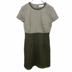古着 プライベートレーベル PRIVATE LABEL ワンピース 半袖 チェック×花柄レース ひざ丈 ウール×ポリ M グリーン 緑×ベージュ レディース