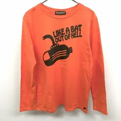 古着 Tコムサ T comme ca Tシャツ プリント グラフィック 潜水艦 英字 『LIKE A BAT OUT OF HELL』 丸首 長袖 綿100% F オレンジ レディース