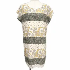 古着 BEAMS HEART 薄手 ワンピース 花柄のボーダー 裏地付き キモノスリーブ ポリ100% ベージュ ベージュ×緑×ピンク×黄×茶 レディース