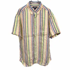 【中古】[印象AB] LANDS END ランズエンド シャツ メンズ L 青×緑×黄×オレンジ×白×赤 麻100% リネン100% ストライプ ボタンダウン 胸ポケット 半袖のサムネイル