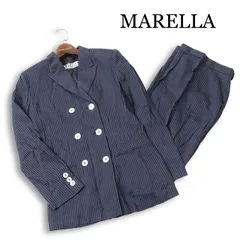 MARELLA マレーラ 春夏★ リネン ダブル ストライプ ビジネス セットアップ スーツ イタリア製 Sz.38 レディース 紺のサムネイル
