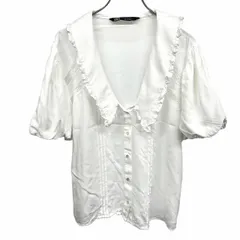 古着 ザラ ZARA 薄手 ブラウス シャツ 胸の上側に花柄レース パフスリーブ 半袖 レーヨン100% XL LL オフホワイト 白系 レディース