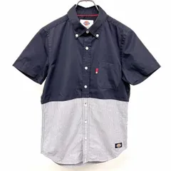 【中古】[印象AB] Dickies ディッキーズ シャツ メンズ S ネイビー×ヘザーネイビー×レッド 紺 ポリ×綿 裾にロゴパッチ ロングテール スリムフィット ボタンダウン 半袖 胸ポケットのサムネイル
