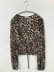 ZARA ザラ Tシャツ/カットソー USA S ベージュ レオパード柄 ショート丈 長袖 Vネック