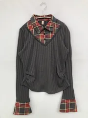 その他トップス L グレー コットン ニット 無地 チェック柄 ミドル丈