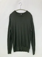 UNIQLO ユニクロ ニット/セーター M カーキ ウール・ニット 無地 ミドル丈 長袖 クルーネック(丸首)