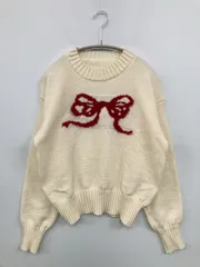 ニット/セーター F アイボリー 前面プリント リボン ミドル丈 長袖 クルーネック(丸首)