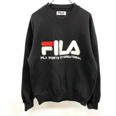 【中古】[印象B] FILA フィラ トレーナー / カットソー メンズ M ブラック 黒 綿×ポリ ロゴ刺繍 英字 文字 丸首 クルーネック 長袖 ロングスリーブ