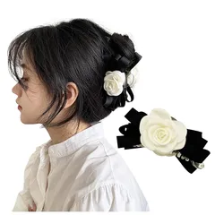 【新品】 [Lapimou] ヘアクリップ バレッタ バレエコア 髪留め ヘアアクセ ヘアアクセサリー バレッタ 大きめ ローズ バラ 薔薇 ベロア ベルベット レディース 人気 可愛い 韓国 おしゃれ かわいい ドレス 普段使い (ブラック(リボン3本タ 0