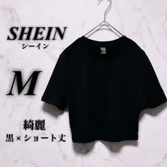 【綺麗】 シーイン M レディース 黒 ブラック 春夏 ポリエステル Tシャツ ショート丈 クロップド クルーネック ミニマル SHEIN 古着