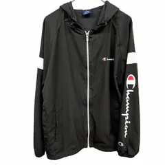 【中古】[印象AB] チャンピオン とても薄手 パーカー ジャケット メッシュ裏地 フルジップ ラグラン 長袖 ロゴ ポリ100% M ブラック 黒×白×赤 メンズ