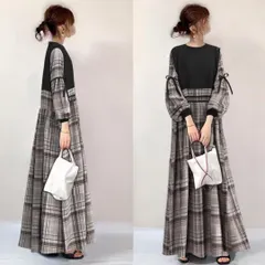 ドッキングワンピース　チェック柄　ワンピース ロング丈　パフスリーブ リボン①