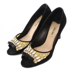 ミュウミュウ miumiu パンプス オープントゥ アーモンドトゥ ハイヒール スエード リボン ビジュー 装飾 37 黒 ブラック /BB