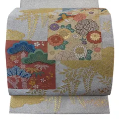 袋帯 秀品 関西仕立て 綴れ織 松竹梅 花鳥 金銀糸 箔 クリーム お太鼓柄 正絹 【中古】