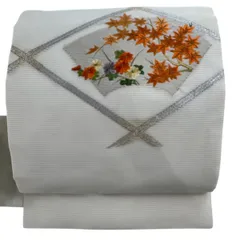 名古屋帯 優品 夏帯 菊 楓 金糸 刺繍 クリーム 正絹 【中古】