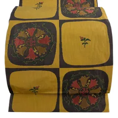 【美品】 袋帯 名品 木屋太 落款 草花 市松 山吹茶色 六通 正絹 【中古】のサムネイル