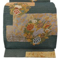 袋帯 振袖帯 御所車 菊花 梅花 扇 グリーンカラー 金糸 着物 053tz 