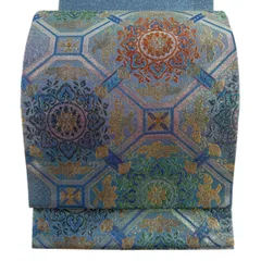 【美品】 袋帯 逸品 佐波理 落款 蜀江華文 七宝 ラメ糸 箔 青緑 お太鼓柄 正絹 【中古】のサムネイル