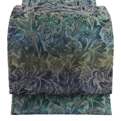【美品】 袋帯 逸品 佐波理 落款 草花 段縞 箔 ラメ箔 紫 六通 正絹 【中古】のサムネイル