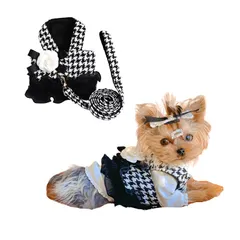 MEIAOJIA 犬 ハーネス リードセット 猫用ハーネス 千鳥格子 おしゃれ ワンピース ペット 可愛い ベスト 小型犬 スカート 調節可能 リード付き S