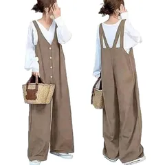 【新品】 [YINGDIE] レディース オールインワン サロペット オーバーオール ロングパンツ ワイドパンツ サロペットスカート ロングズボン スラックス サスペンダー ガウチョパンツ ジャンパーズボン つり カジュアル ボタン マキシ フレア 春夏秋 0
