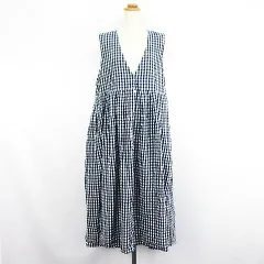 m.n ジャンパースカート ワンピース Ｖネック ロング丈 フロントボタン ギンガムチェック コットン ネイビー×ホワイト ※EKM