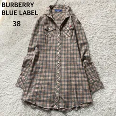 バーバリーブルーレーベル BURBERRY BLUE LABEL 綿 コットン フランネル ネルシャツ ロング 長袖シャツ チュニック丈 Aライン ベージュ キャメル 38サイズ M相当 体型カバー 羽織り 秋冬春 三陽商会 ホースロゴ刺繍 希少 Y2K 美品