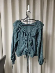 オーバーサイズ 66-77 CHECK フリル ブラウス Vネック