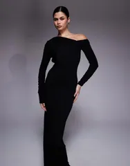 エイソス レディース トップス ワンピース オープンバック アシンメトリー オフショルダー マキシ ASOS DESIGN long sleeve offshoulder maxi dress with asymmetric open back Black ブ