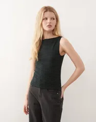 ウィークデイ レディース トップス Tシャツ ノースリーブ Weekday Annie soft boat neck sleeveless top in forest green stripe Exclusive to ASOS Forest Green グリ