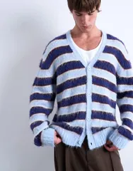 トップマン メンズ アウター カーディガン オーバーサイズフィット ニット Topman oversized fit fluffy knit striped cardigan BROWN ブラウンのサムネイル
