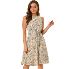 アレグラ ケー レディース トップス ワンピース プリント ノースリーブ ALLEGRA K Womensplit Neck Dots Print Sleeveless Casual Dress Beige ベージュ