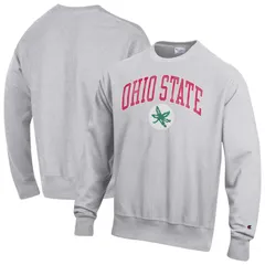 チャンピオン メンズ トップス Tシャツ クルーネック スウェット ロゴ Mens Champion Gray Ohio State Buckeyes Distressed Arch Over Logo Reverse Weave Crew Neck Swea
