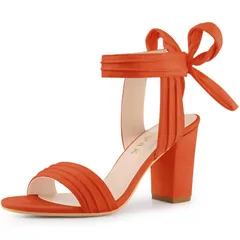 アレグラ ケー レディース シューズ パンプス アンクル ヒール ALLEGRA K Womens Open Toe Tie Back Ankle Strap Block Heels Orange オレンジ